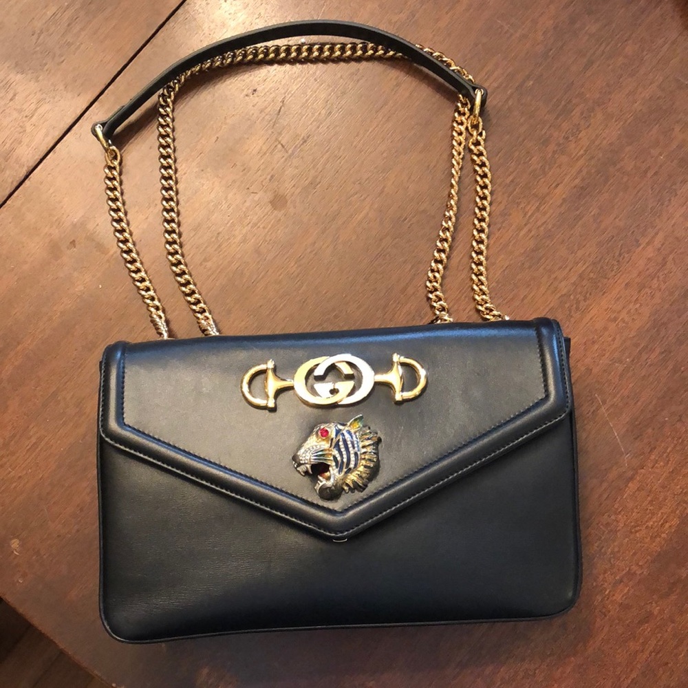 Gucci Rajah tiger black leather crossbody bag purse